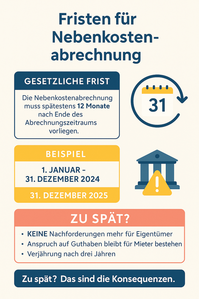 Infographic showing deadlines for German utility billing 2025 (Nebenkostenabrechnung), including legal 12-month period, example timeline, and consequences for late submission.