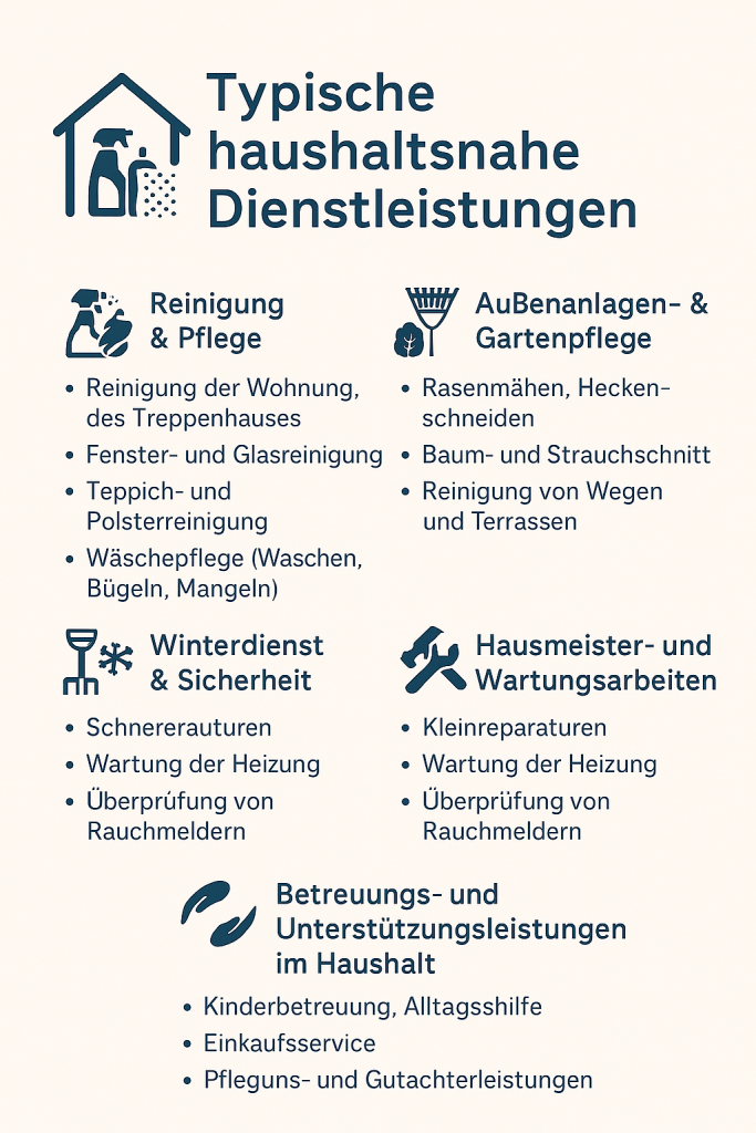 Infographic showing typical household-related services according to German tax law §35a EStG, including cleaning, gardening, winter service, maintenance, and home care categories.